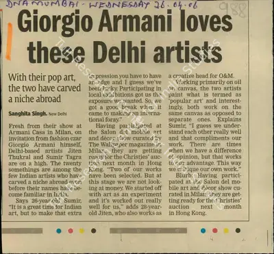 Sangitha Singh (Reporter), Giorgio Armani Loves these Delhi Artists, 2006, Newspaper Clipping