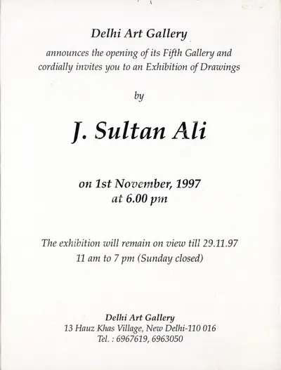 J. Sultan Ali (Artist), Exhibition of Drawings by J. Sultan Ali, 1997, Solo Exhibition Invitation