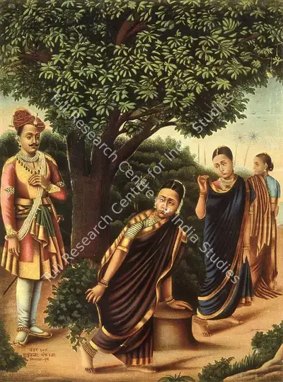 Raja Ravi Varma (Artist), Shakuntala with Two Friends Surprised by King Dushyanta, Chromolithograph