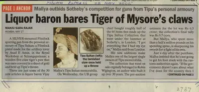 Manju Sara Rajan (Reporter), Liquor Baron Bares Tiger of Mysore's Claws, 2005, Newspaper Clipping
