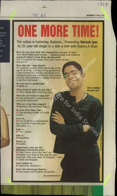 Naresh Iyer (Reporter), One more time!, 2006, Newspaper Clipping