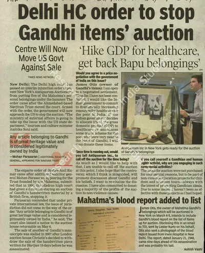 Anish Vashi (Reporter), Delhi HC Order to Stop Gandhi Items' Auction, 2009, Newspaper Clipping