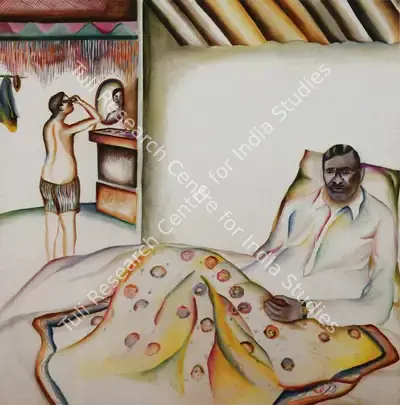 Khakhar, Bhupen P. (Artist). Ranchodbhai Relaxing in Bed . Oil on Canvas, 1977 | Bhupen Khakhar , 1998 | Painting | FineArts | 00149657