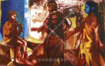 Nataraj Sharma (Artist), 3 Figures (Boy Playing Flute), 1993, Painting