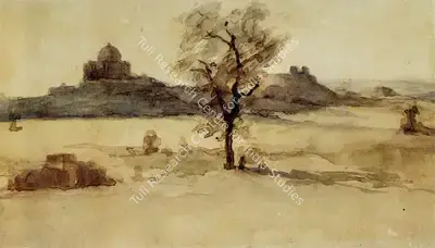 Atul Bose (Artist), Landscape with Mosque in the Distance, 1940, Painting