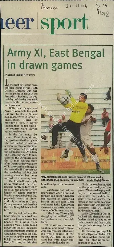 P. Sujesh Rajan (Reporter), Army XI, East Bengal in Drawn Games, 2006, Newspaper Clipping