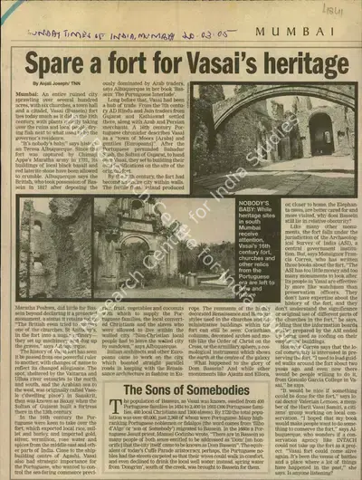 Anjali Joseph (Reporter), Spare a fort for Vasai's Heritage, 2005, Newspaper Clipping