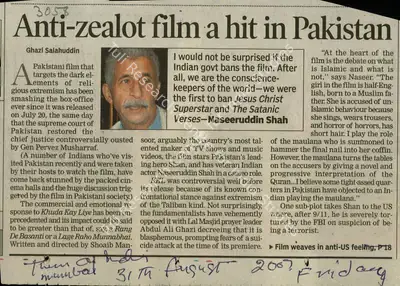 Ghazi Salahuddin (Reporter), Anti-zealot Film a Hit in Pakistan, 2007, Newspaper Clipping