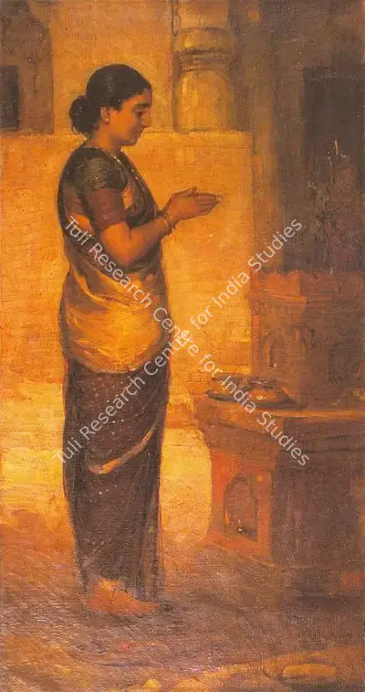 Trindade, A.X. (Artist). Woman Performing Pooja. Oil on canvas, 1930 | Painting | FineArts | 00371182