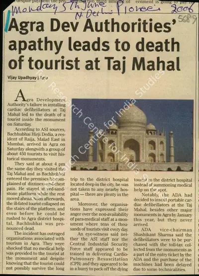Vijay Upadhyay (Reporter), Agra Dev Authorities' Apathy Leads to Death of Tourist At Taj Mahal, 2006, Newspaper Clipping