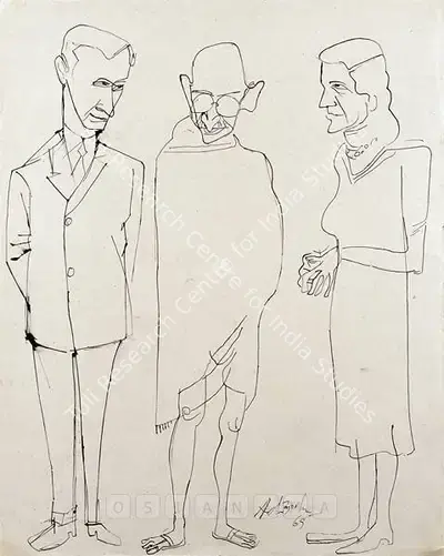 K.M. Adimoolam (Artist), Gandhiji With The Mountbattens, 1969, Painting