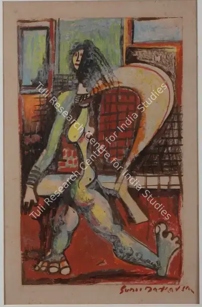 Sunil Madhav Sen (Artist), Untitled (Striding Nude/Men with a Drum), 1960, Painting