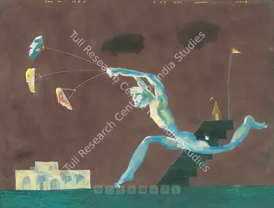 Jai Zharotia (Artist), Running Man With Masks, 1985, Painting