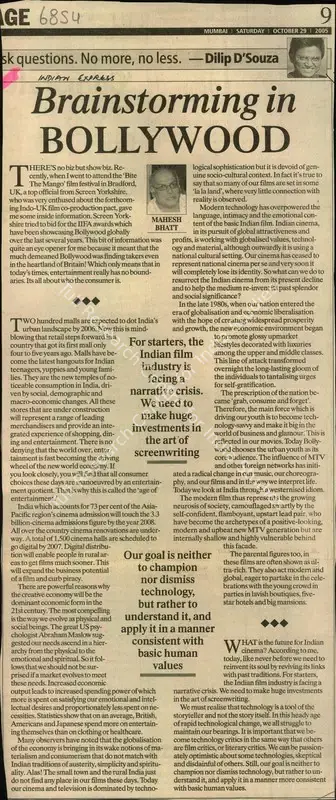 Dilip D'Souza (Reporter), Brainstorming in Bollywood, 2005, Newspaper Clipping