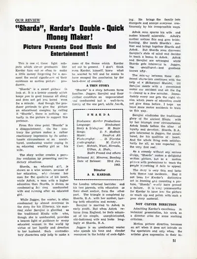 "Sharda", Kardar's Double - Quick Money Maker!, 1943, Film Review