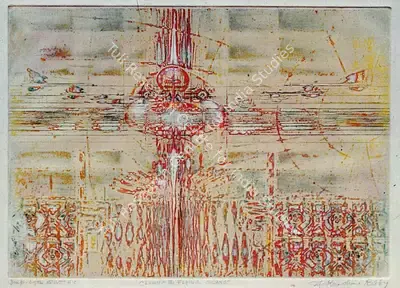 Krishna Reddy (Artist), The Clown and the Flying Swans, 1980, Painting