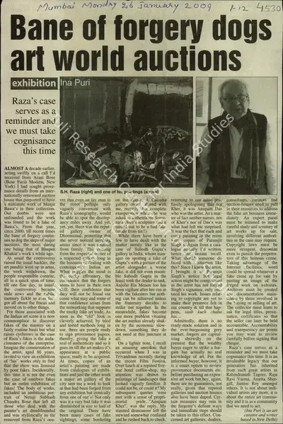 Ina Puri (Reporter), Bane of Forgery dogs art world Auctions, 2009, Newspaper Clipping