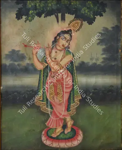 Bengal School (Artist), Krisnonas, Portrait of lady playing a flute in a river landscape, Painting