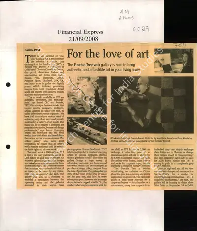 Garima Pant (Reporter), For the Love of Art, 2008, Newspaper Clipping