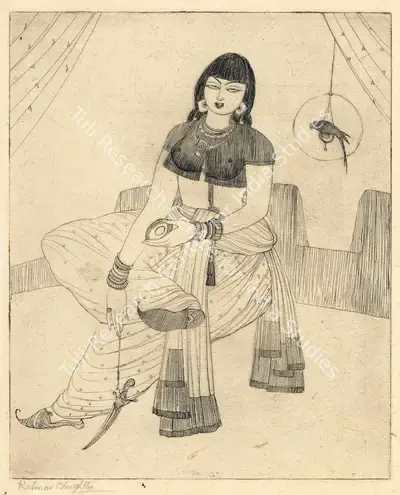 M.A.R. Chughtai (Artist), Untitled (Lady with Caged Parrot), Graphic Art