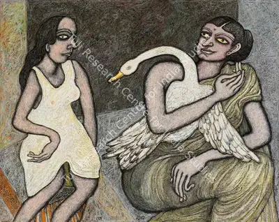 Chowdhury, Jogen (Artist). Two Women and the Swan, 1995 | Painting, Ch.NeY/23.03.22, 2022 · Christie's