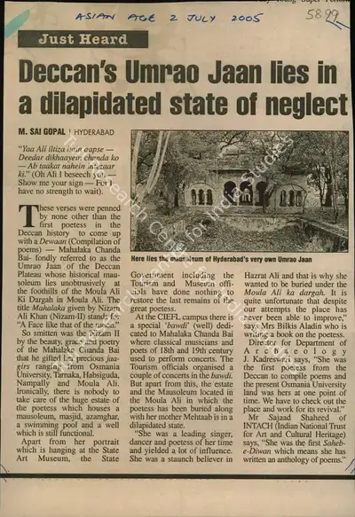 M. Sai Gopal (Reporter), Deccan's Umrao Jaan Lies in a Dilapidated State of Neglect, 2005, Newspaper Clipping