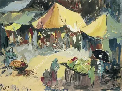 Gade, H.A. (Artist). Village Scene. Watercolour on paper, late 1940s | Painting | FineArts | 00376647