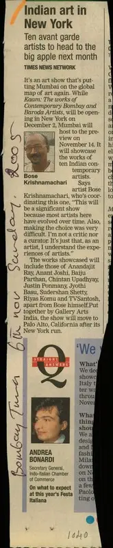 Bose Krishnamachari (Reporter), Indian Art in New York, 2005, Newspaper Clipping