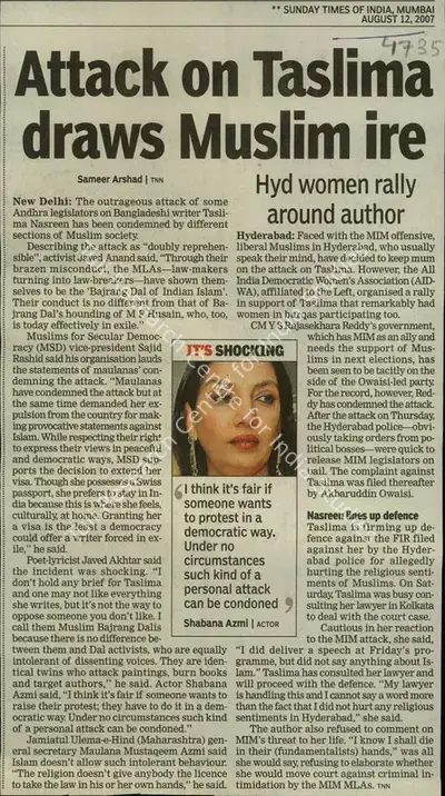 Sameer Arshad (Reporter), Attack on Taslima Draws Muslim ire, 2007, Newspaper Clipping