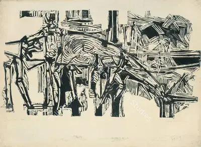 G.M. Sheikh (Artist), Man, Woman, Horse, 1963, Graphic Art
