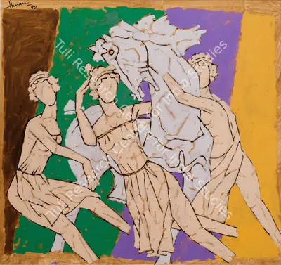 M.F. Husain (Artist), Three Graces with the Husain Horse, 1990, Painting
