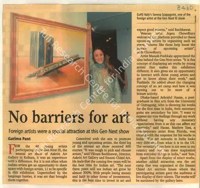 Garima Pant (Reporter), No Barriers for Art, 2008, Newspaper Clipping
