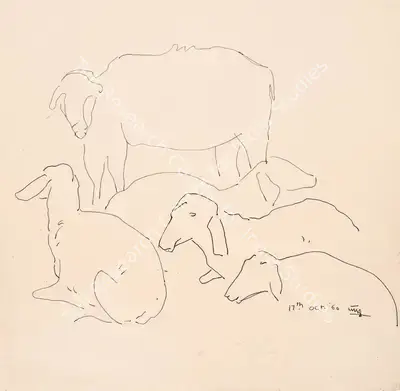 K. Laxma Goud (Artist), Untitled (Herd), 1960, Drawing