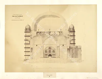 Unknown (Photographer), Plans and Sections of the Gol Goomuz at Beejapoor. Transverse section from south to north on A.B., Bijapur, 1850, Antiquarian Photograph