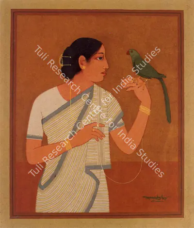 Lalu Prasad Shaw (Artist), Woman With Bird, Painting