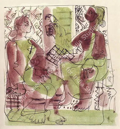 K.G. Subramanyan (Artist), Two Seated Figures in Interior, 1952, Painting