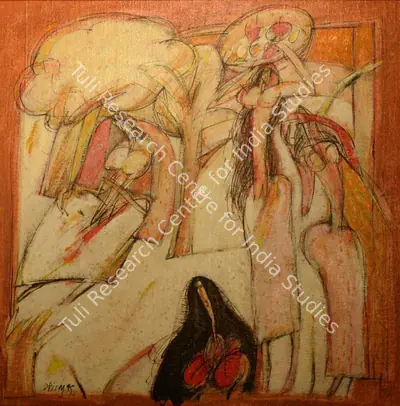 Dhiraj Choudhury (Artist), Women carrying bowls of food with woodland, 1995, Painting