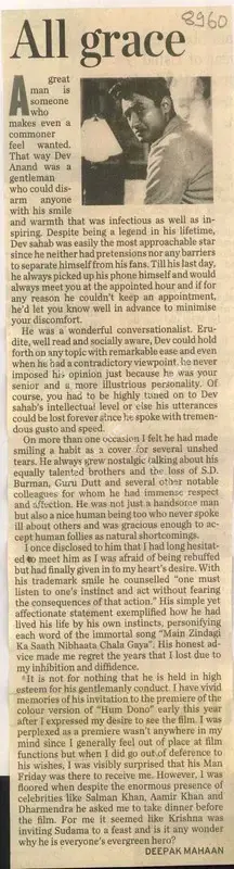 Deepak Mahaan (Writer), All Grace, 2011, Newspaper Clipping