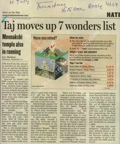 G.C. Shekhar (Reporter), Taj Moves up 7 Wonders list, 2004, Newspaper Clipping