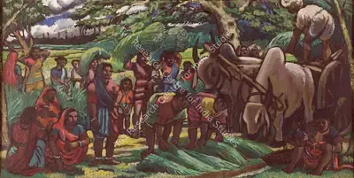 Chittaprosad (Artist), Village Scene at Harvesting, 1955, Painting