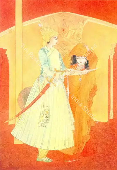M.A.R. Chughtai (Artist), A Warrior Prince seeking the blessings of his beloved on his Daggar, Painting
