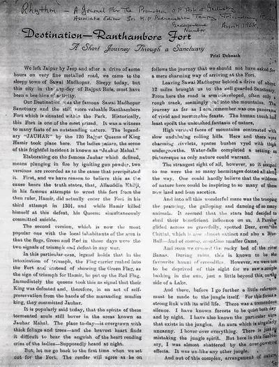 Priti Debnath (Writer), Destination-Ranthambore Fort, 1968, Newspaper Clipping