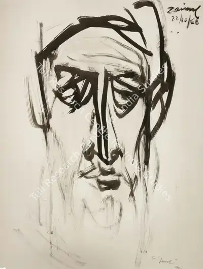 Zainul Abedin (Artist), Baluchi Portrait, 1968, Drawing