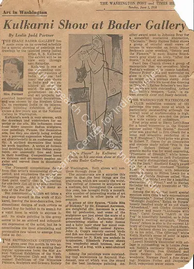 Leslie Judd Portner (Writer), Kulkarni Show at Bader Gallery, 1958, Newspaper clipping