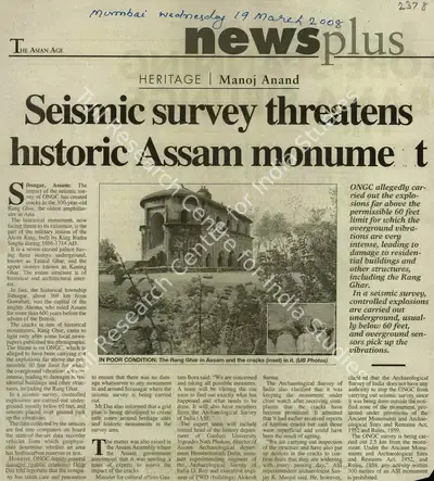 Manoj Anand (Writer), Seismic Survey Threatens Historic Assam Monument, 2008, Newspaper Clipping