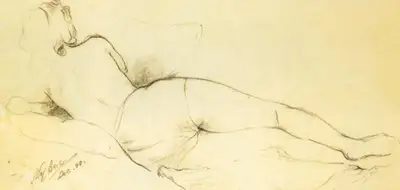 Atul Bose (Artist), Reclining Female, Drawing