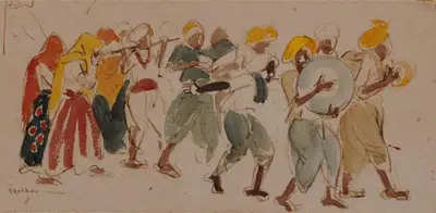 K.K. Hebbar (Artist), A Musical Procession, 1961, Painting