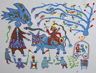 Jodhaiya Bai&nbsp;Baiga (Artist), Bholenath, Nandi, & Devotees In Jungle, 2016, Painting