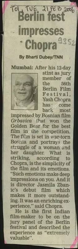 Bharati Dubey (Reporter), Berlin Fest Impresses Chopra, 2006, Newspaper Clipping