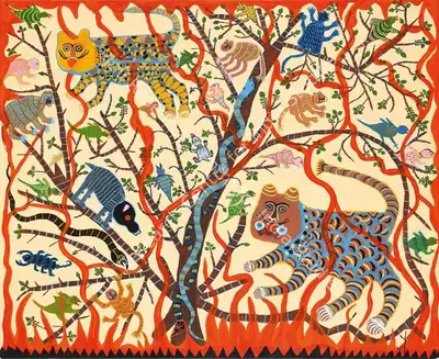 Jodhaiya Bai Baiga (Artist), Bandhavgarh Ka Jalta Jungle, 2022, Painting